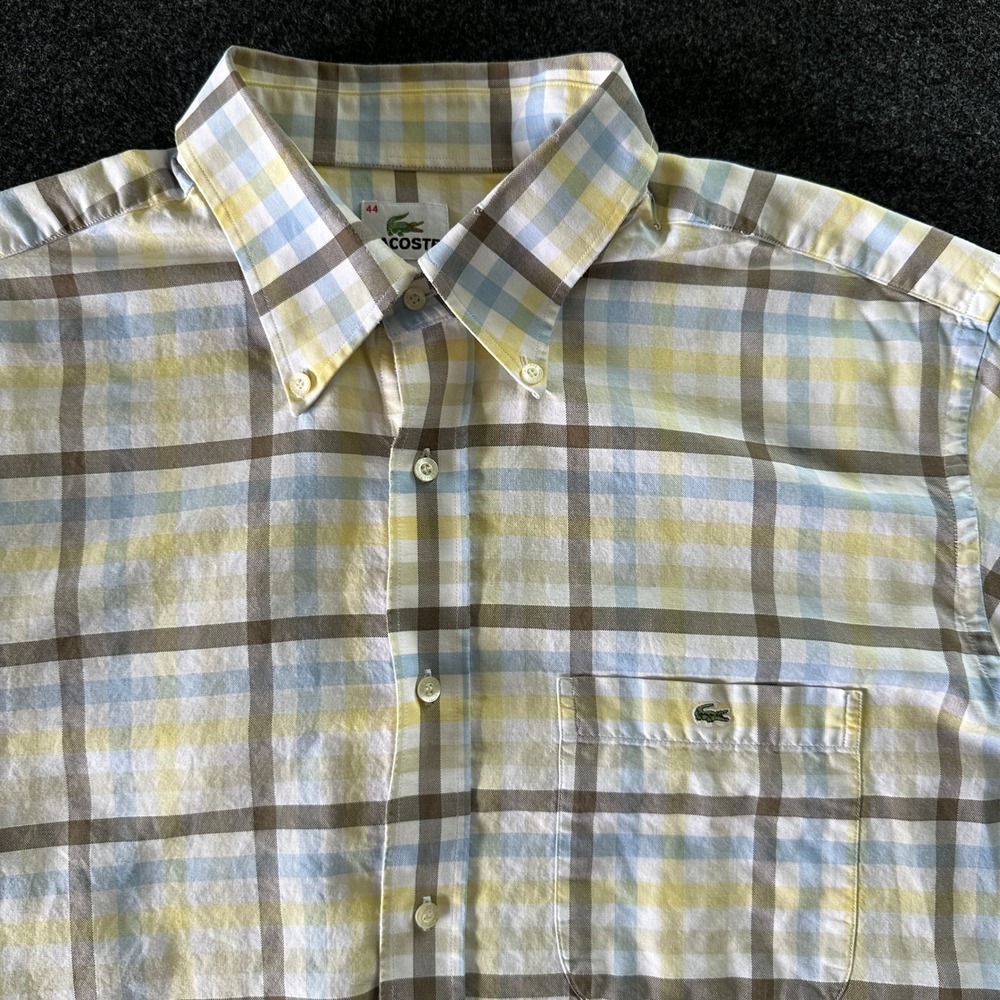 Lacoste Mens Plaid Short Sleeve Button Down Shirt Yellow Blue Size 44 F5182
